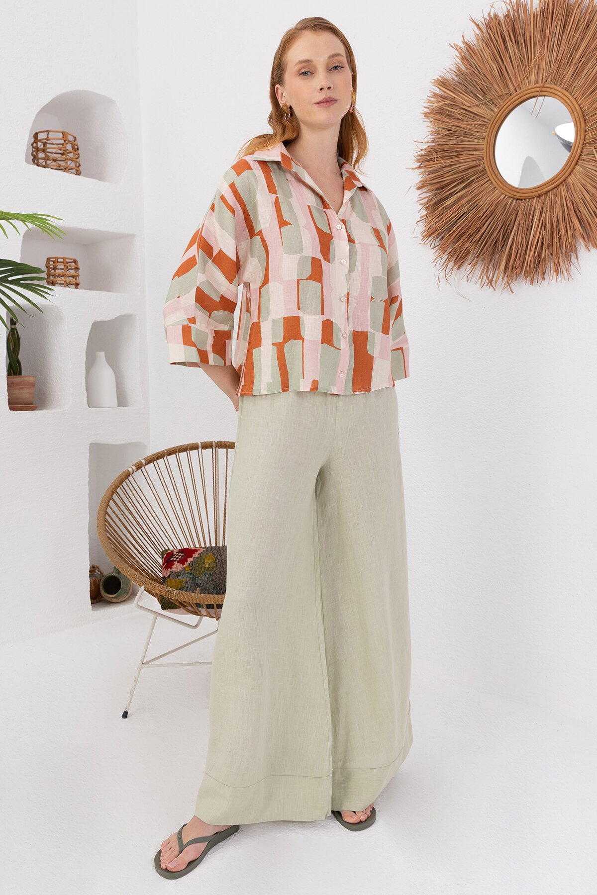 Green Papaya | Keten Bol Paça Pantolon