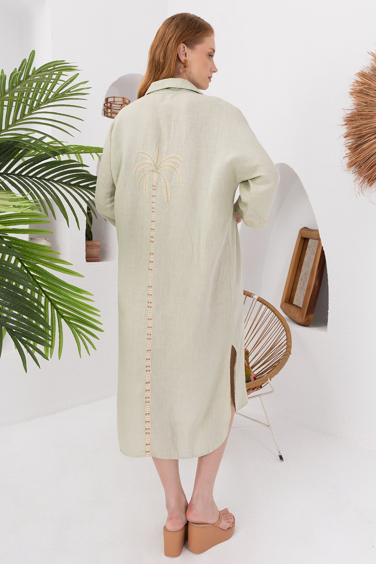 Green Papaya | Nakışlı Keten Uzun Gömlek