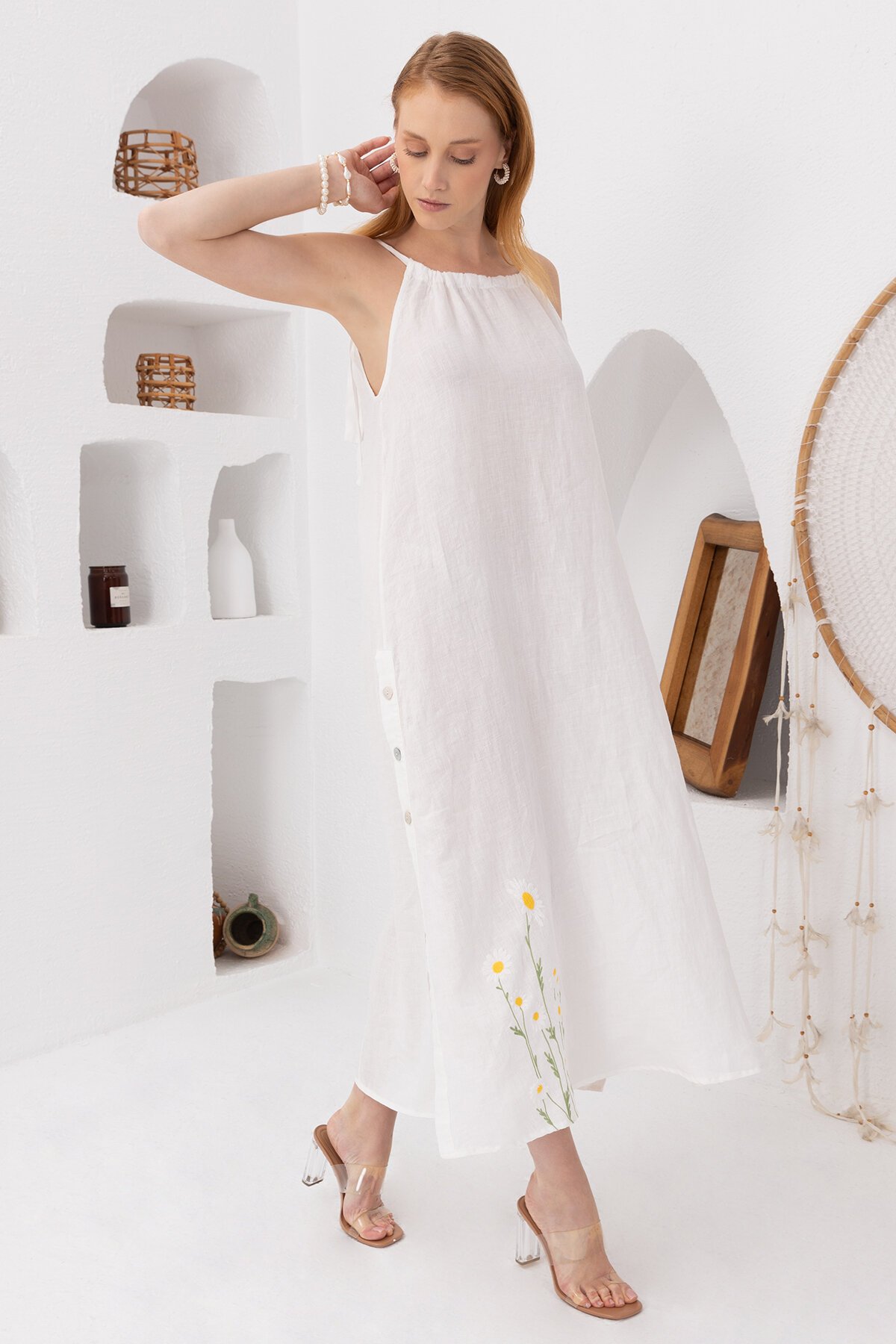 White Daisy | Keten Uzun Elbise