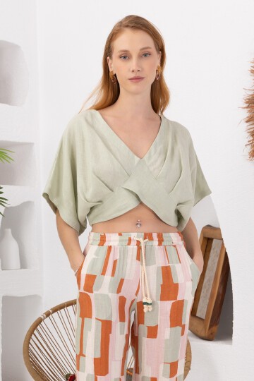 Green Papaya | Keten Kısa Bluz